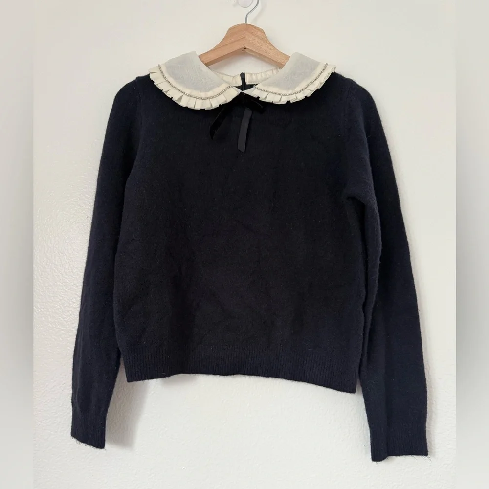 ZARA Navy Blue Rhinestone Trim Peter Pan Pointelle Collar Knit Sweater size M